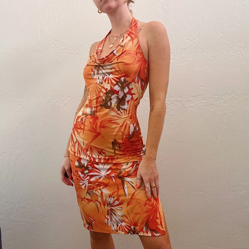 Vintage Y2K Orange Hawaiian Flower Cowl Neck Halter Slip Dress - Picture 2 of 8